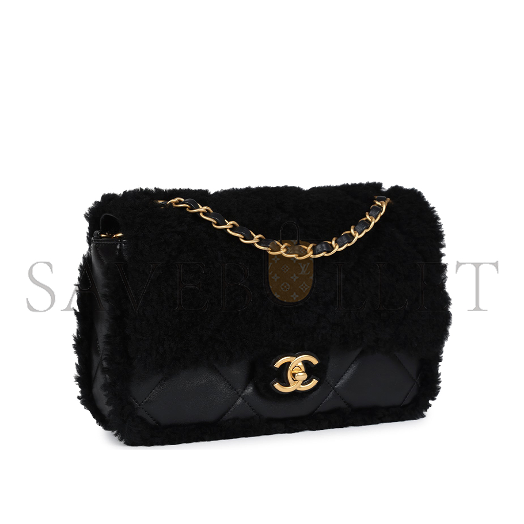 Ch*el medium shearling flap bag black lambskin brushed gold hardware (23.5*16*7.5cm)